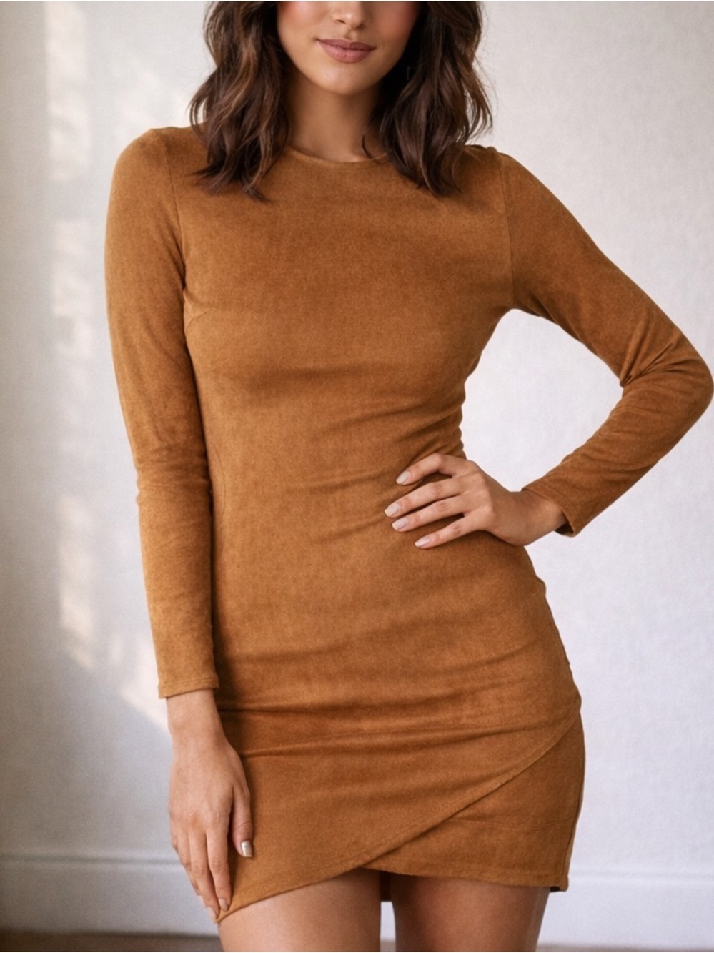 Mistress Rocks Tan Faux Suede Mini Dress Long Sleeve Bodycon Size Medium Indie